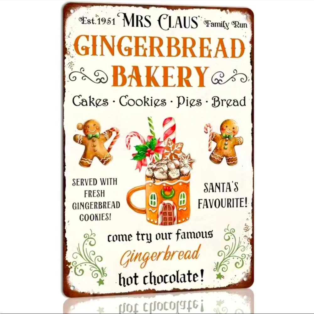 Mrs Claus Gingerbread Bakery Christmas Metal Sign House Mug Filled with Sweets